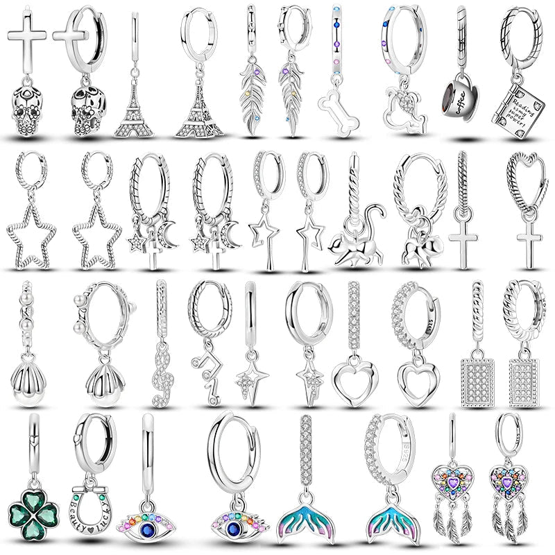 925 Sterling Silver Colored Zirconium Cross Skull Iron Tower Feather Coffee Cup Star Earrings Gift for Women Jewelry Wedding - Clacker