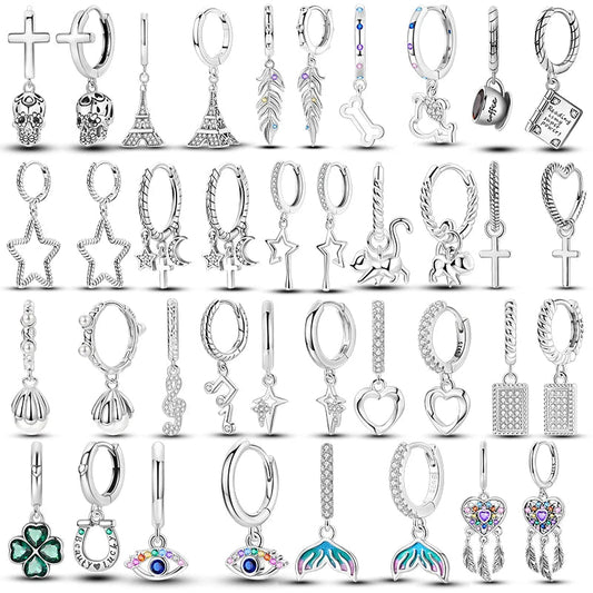 925 Sterling Silver Colored Zirconium Cross Skull Iron Tower Feather Coffee Cup Star Earrings Gift for Women Jewelry Wedding - Clacker
